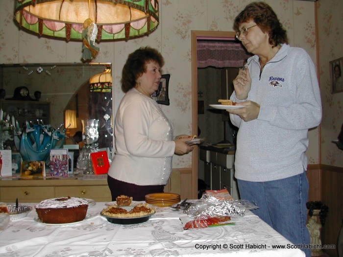 Aunt Bernice and Debbie check out the desserts.