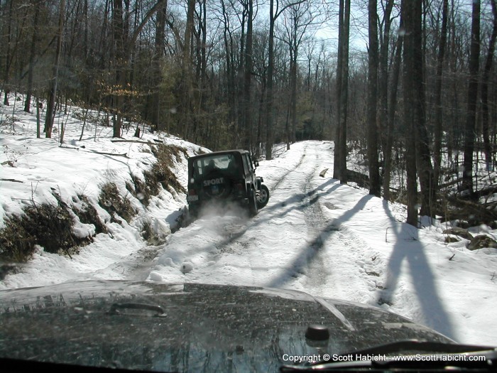 We had walkie-talkies with us, and Rob and I heard Mathew come over the radio with, "I'm off the road in a ditch!!"