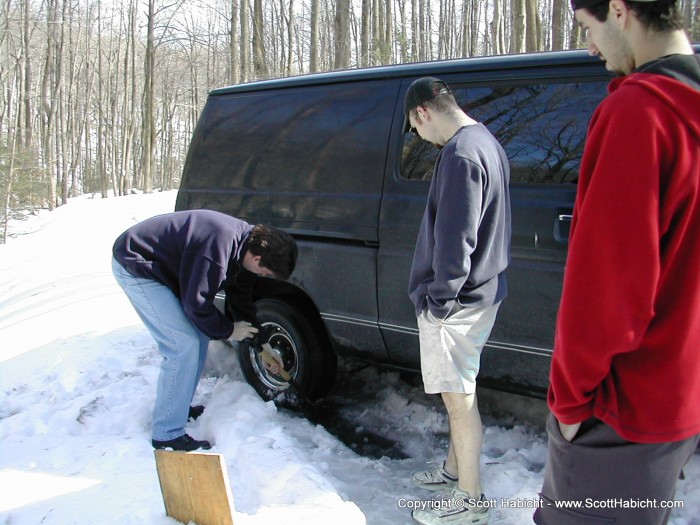 We tried to help him, but he was in a rear wheel drive van, in six inches of snow, on an icy uphill...Needless to say we didn't get him out.