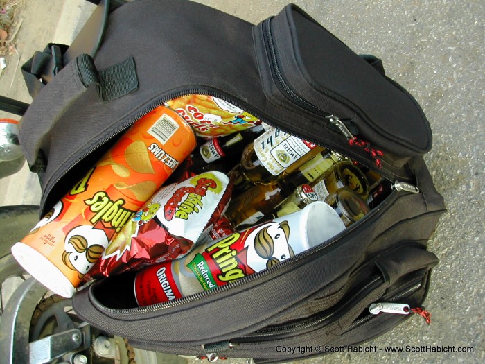 One case of beer and some munchies in the backpack.