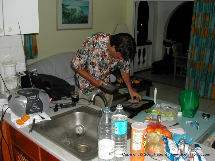 Rob puts in his favorite music, Yanni, for our last night in Bonaire.