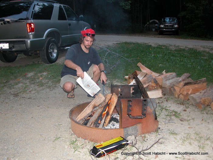 So after seting up the fire, and tossing aside the fake wood (no real man uses that stuff), I was able to get the fire going on the first try.