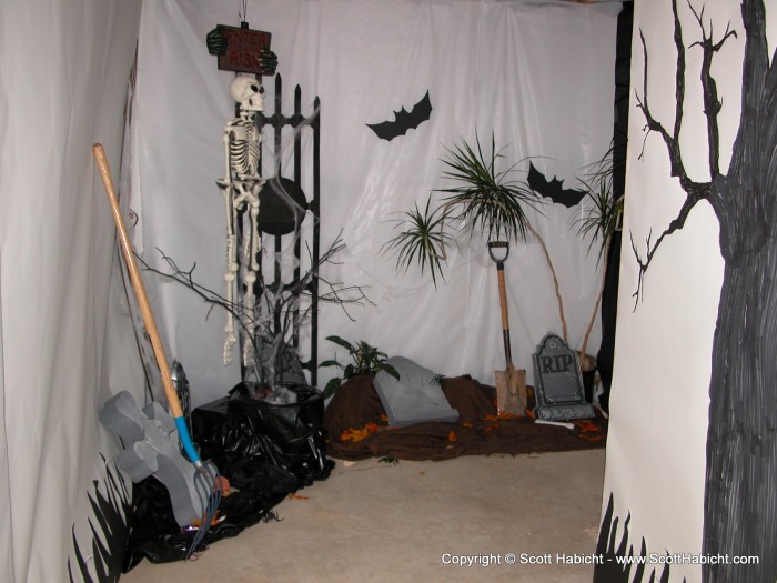 He had his basement all decked out in the spooky Halloween decorations.