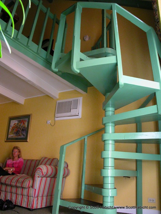 Our room was a two level loft with a spiral staircase from one level to the other.