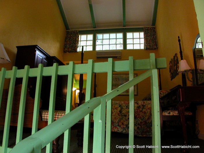 The upstairs had a high ceiling, which was great for jumping (among other things) on the bed.