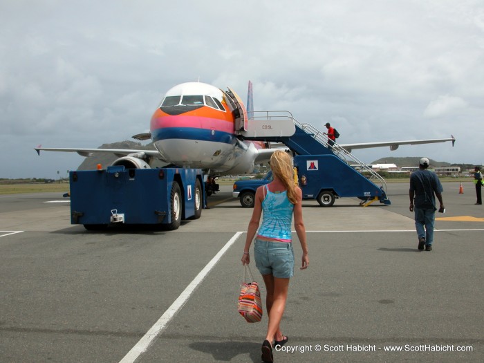 Getting on the plane to come home.