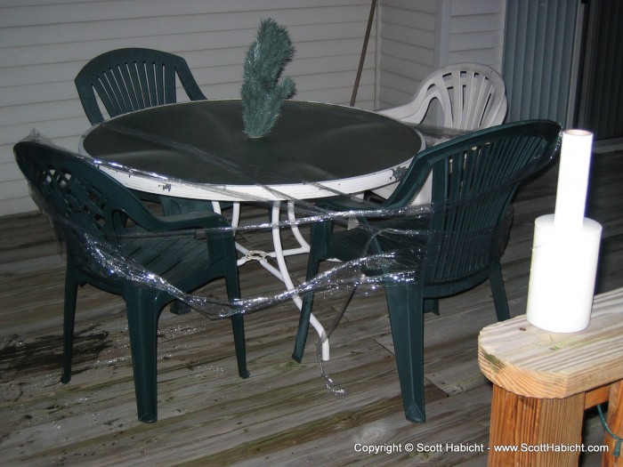 We decided to wrap up Bender's deck furniture while he was away, that's why.