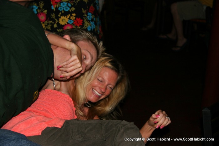 Kelli was a little tipsy, and fell off her stool, but Timmy caught her.