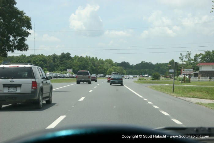 Leaving town was easy, but going into town, "got more cars then a beach got sand".