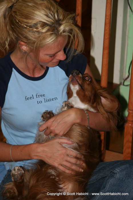 Kelli plays with Jenny's dog, Toast.