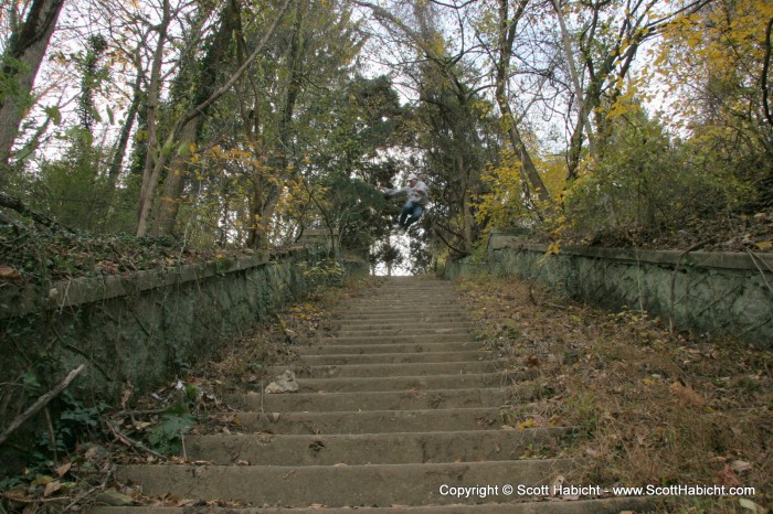 Mark jumping down the "Hell House" steps.