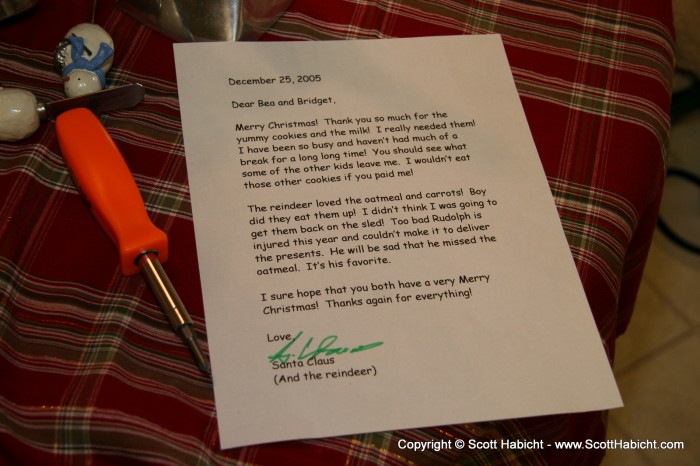 A funny note Santa left for Peter's kids.