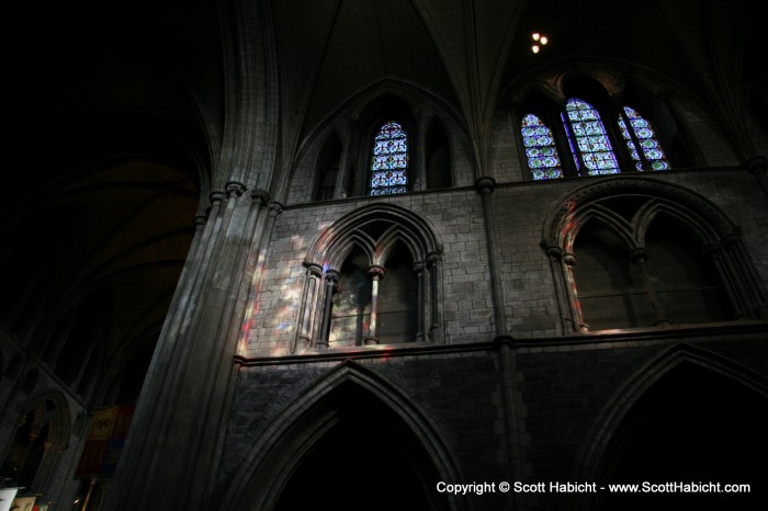 Check out the colors the sunlight through the stained glass left on the wall.