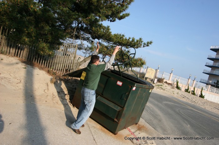 Chris, finishing his job of throwing away the old table. (everyone gets a job during guys weekend)