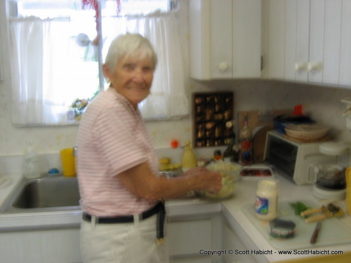 She always makes develed eggs, tuna and potato salad upon my arrival:)