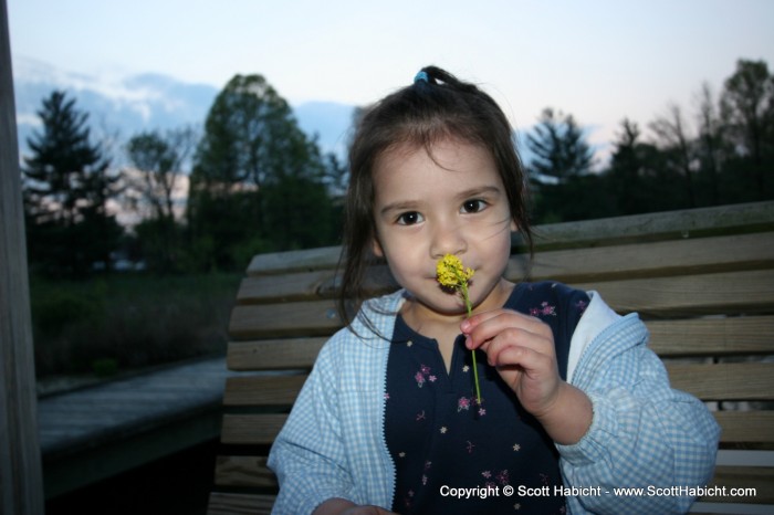 The shot is posed, I asked her to smell the flowers.