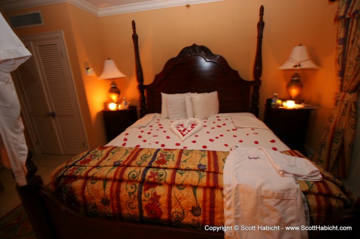 Arriving back to the room and the butlers have decorated the bed with rose petals.