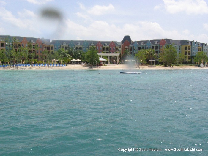 A view of the resort from the boat. Every room is oceanfront. Ours is right side, yellow corner, third floor.