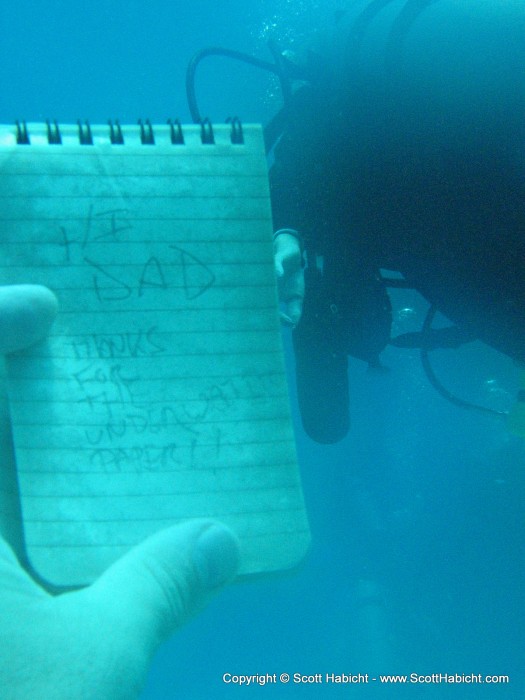 My dad bought me some special paper that you can write with underwater.