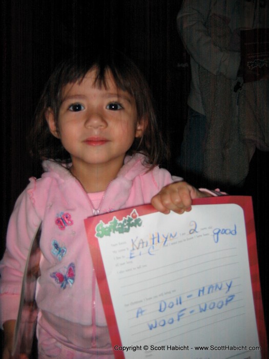 While Kelli and her mom took Sophia to see Santa. This is her Christmas list.