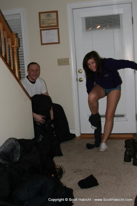 When we got back, Krystle wasted no time getting out of her snow clothes....