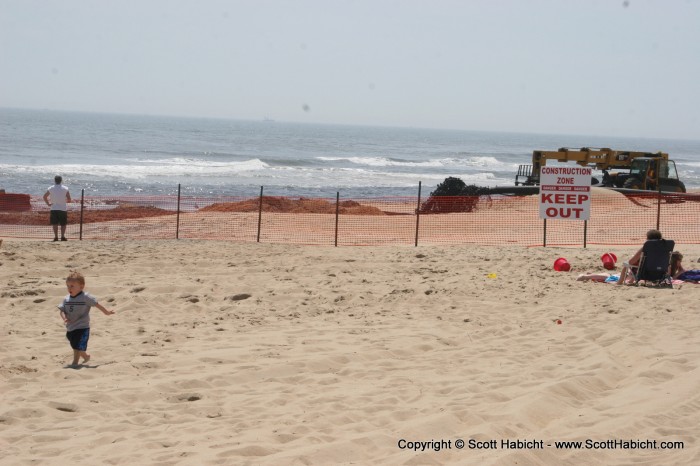 The beach replenishment was still in progress.