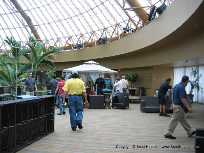 Set-up for the event was at the pool atrium where a few hundred people would soon be noshing on fondue.