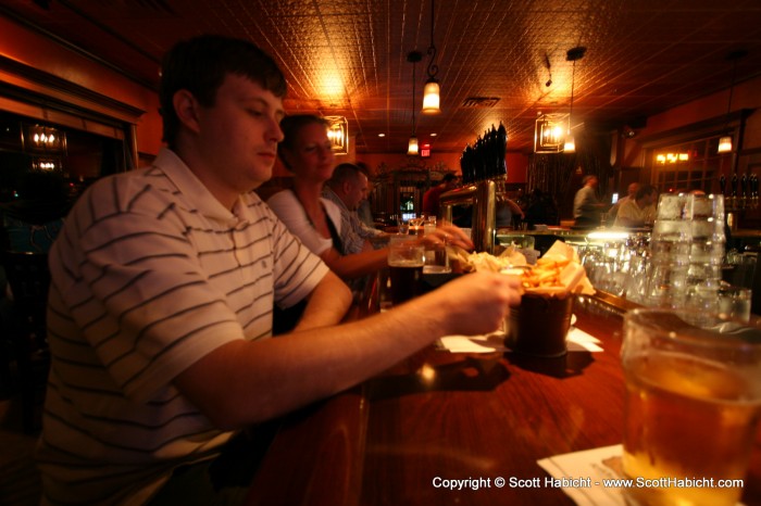 Go figure, the three of us out drinking and eating.