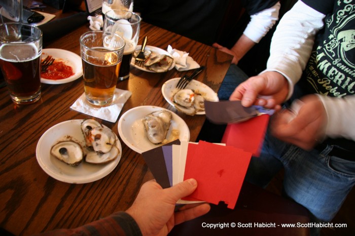 We bought a book of "tickets" that we traded for different types of oysters.