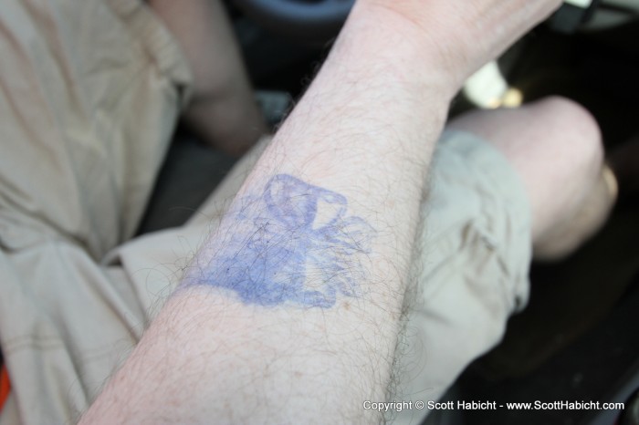 We stopped at Wawa, and there was a butterfly stamp sitting on the counter. I was able to stamp his arm before he could pull away.