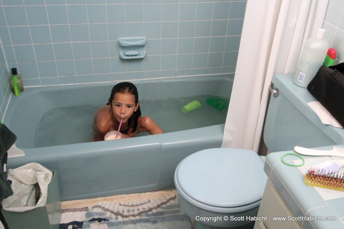 When Ashley was done with the beach, I made her a milk shake to enjoy while she had her bath.