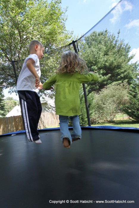 The afternoon included tramping on the trampoline.