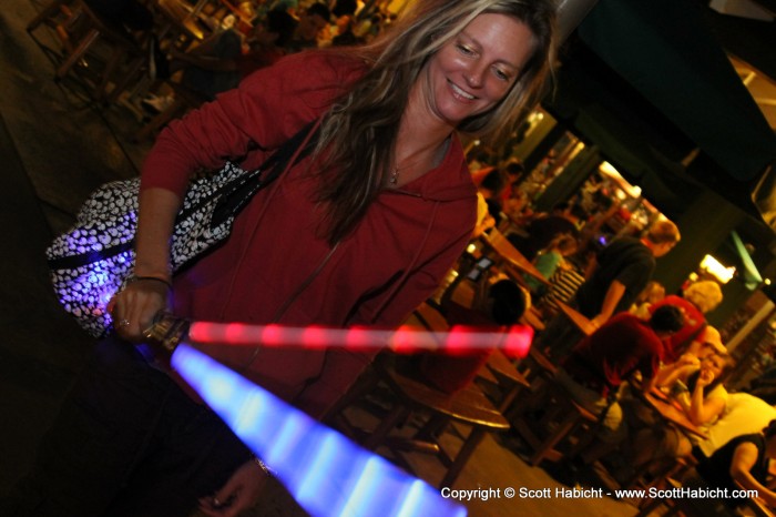 After the ride, Kelli played with Taylor's light saber.