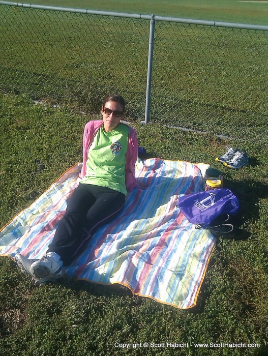 Kristi relaxes before a Saturday football game.