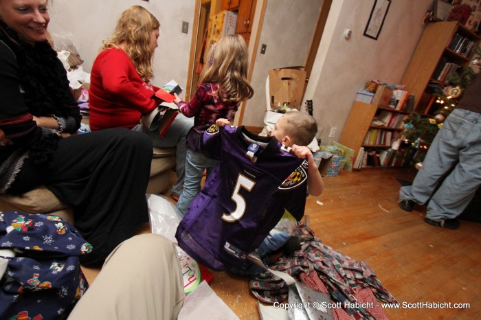 Taylor was super stoked to get a Ravens jersey.