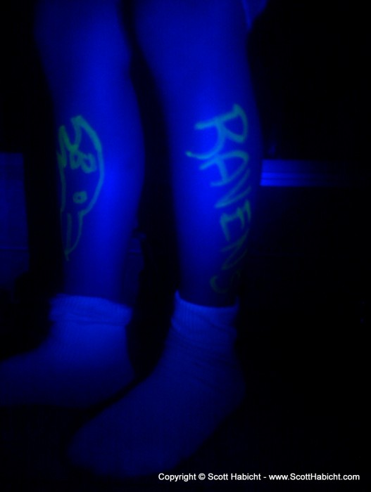 In honor of the Ravens win over the Broncos, I drew the Raven's logo and name on Ashley's leg.