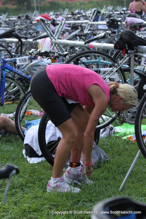 Put on her biking/running clothes...