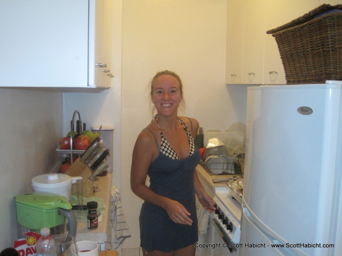 This is Nicole's friend. The kitchen is a tight squeeze.