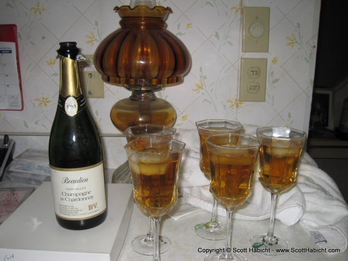 They found an old bottle of champagne at her grandmother's house and had a final toast.