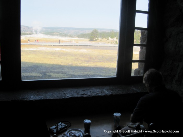 Pop and Kelli had breakfast at Old Faithful, and you can sit and eat and watch it with a clear view.