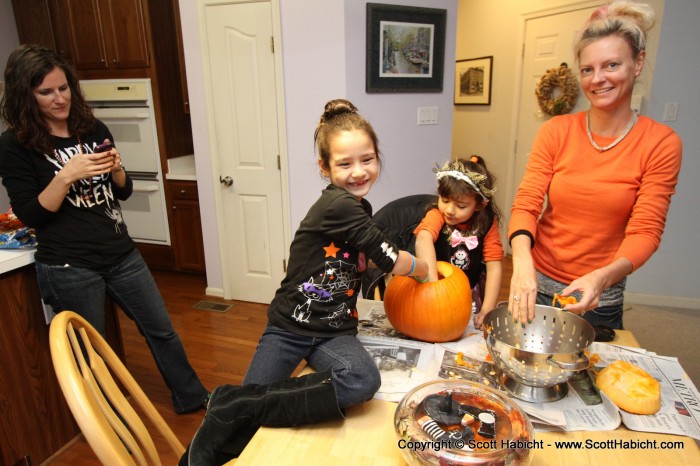 Inside the pumpkin was being carved.