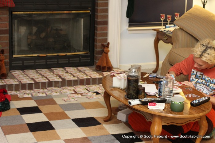 My family room looks like this for 2 weeks while she makes the Christmas cards.