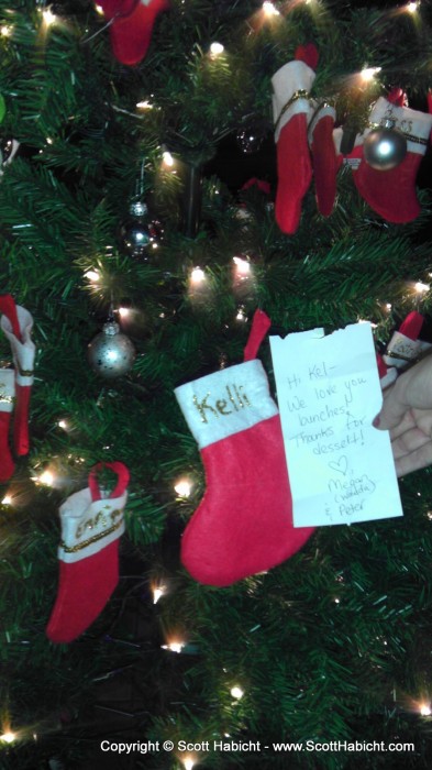 Someone left a note on the tree for Kelli at the Melting Pot.