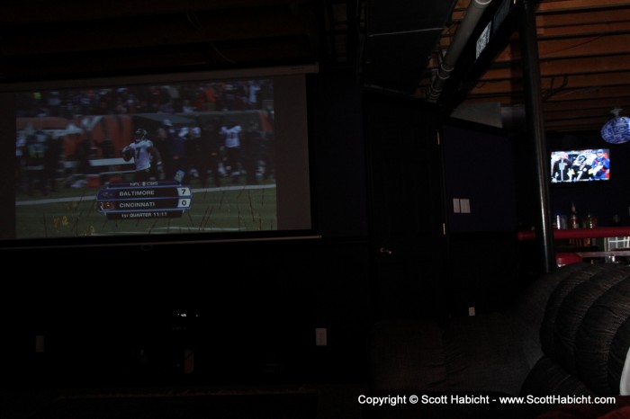 Ravens and Steelers games at the same time in the man cave.