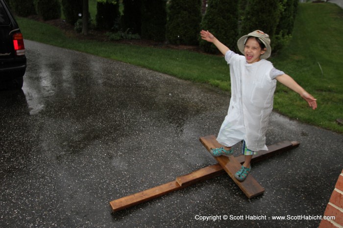 It was raining out but she still had a good time.