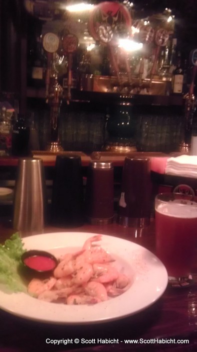 A regular dinner for me at the brew pub, shrimp and a beer.