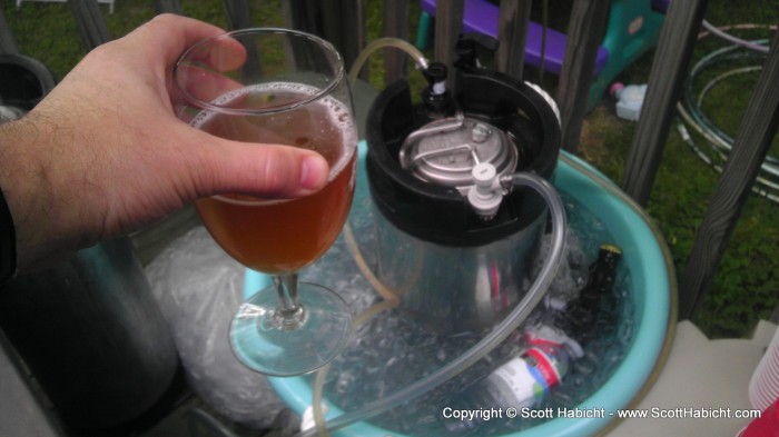 Peter's first batch of homebrew on tap at his birthday party.