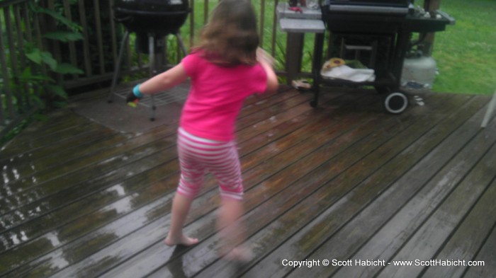 The next day was spent at my brother's house, with Amber dancing in the rain.