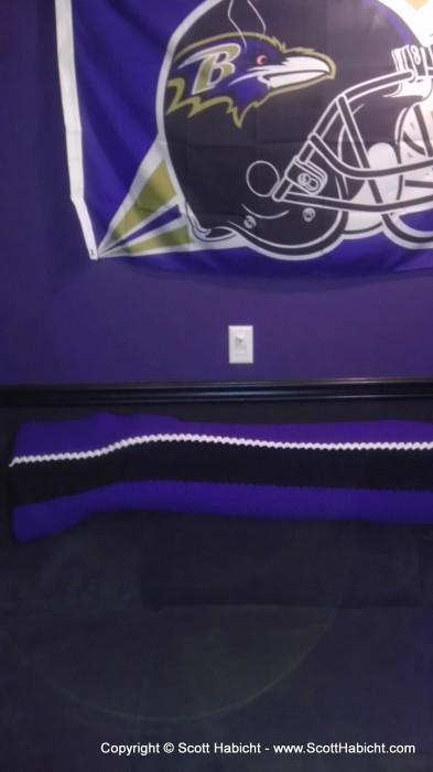 Kristi made me a Ravens themed afghan for the basement (it gets cold down there sometimes).