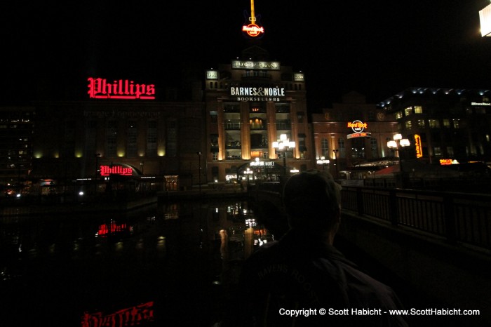 A light show on the front of the Power Plant.